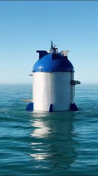 Blue marine buoy floating steadily on calm ocean waves captured in this bright daytime motion footage