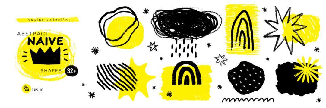 Crayon naive shape collection with crown, star and rainbow doodle mixes rough chalk texture and striped crayon stroke. Rain cloud sketch reads freehand. Kit fits logos, stickers and posters