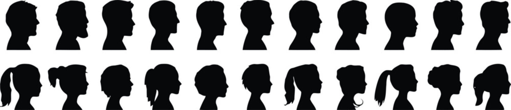 Group young people. Profile silhouette faces boys and girls set, man and woman &ndash; for stock