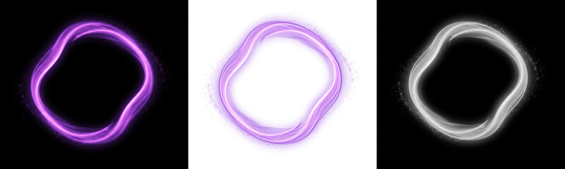 Set of glowing purple and white magic light circles and vortexes isolated on transparent background © epu