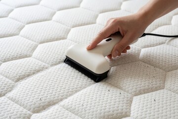 Obraz premium Close up of woman hand using electric lint remover on white mattress. Cordless handheld device cleans black dust, debris from quilted fabric upholstery. Person maintains hygiene, bedroom cleanliness