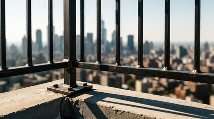 Obraz premium Metal balcony railing base on rooftop overlooking blurred city skyline. Concrete ledge, steel bars provide safety, perspective on urban sprawl. Daytime scene shows metropolitan construction details.