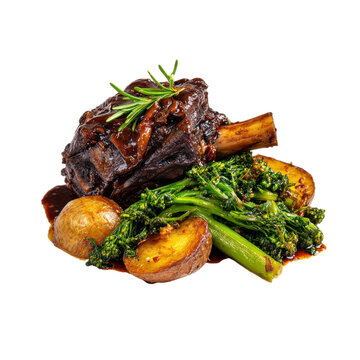 Braised beef shank with roasted potatoes and broccoli