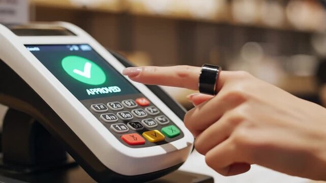 Woman enters payment on card terminal with calm focused expression, then receives approval in stylish cafe setting. Woman payment terminal supports fast contactless checkout and retail sale.