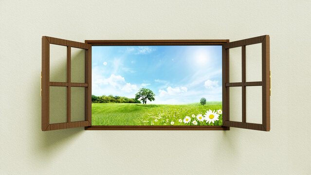 Open windows with a nice green field view. 3D illustration
