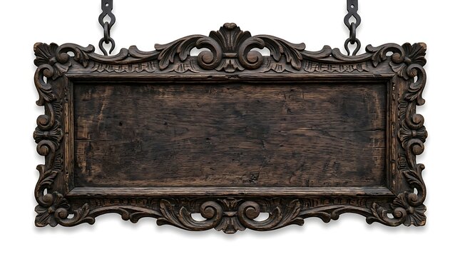 Vintage wooden sign with ornate carvings and chains hanging