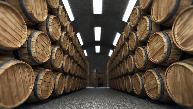 Wine cellar with stack of wooden barrels. 3D illustration