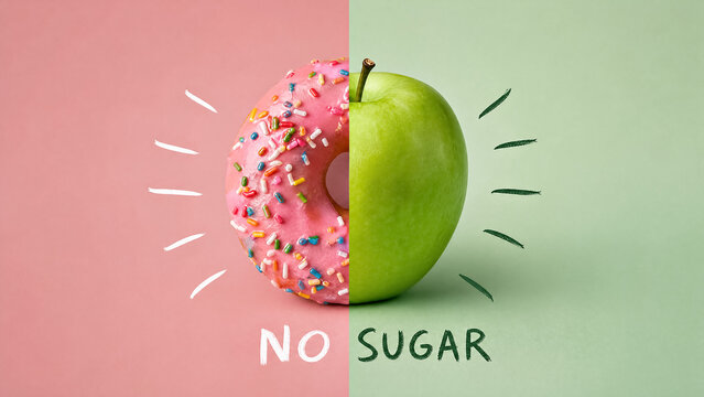 Split glazed donut and green apple with no sugar text on pink green background for diet and weight loss concept