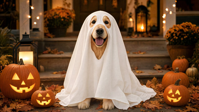 Golden retriever dog wearing white sheet ghost costume sitting on porch steps with pumpkins for Halloween celebration