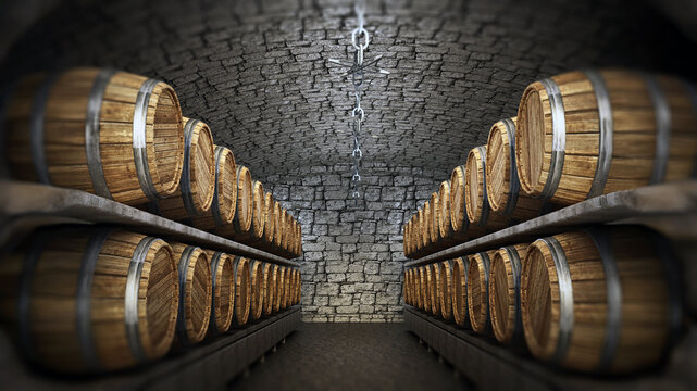 Stocked wine barrels across two sides of corridorof a wine cellar. 3D illustration