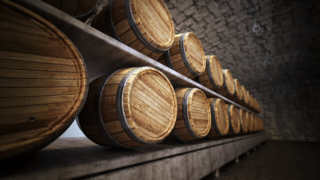 Stocked wine barrels across two sides of corridorof a wine cellar. 3D illustration