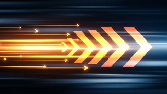 Abstract glowing orange chevron arrows moving fast on dark background
