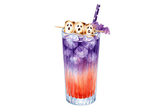 Spooky marshmallow ghost holiday cocktail drink in ribbed highball glass
