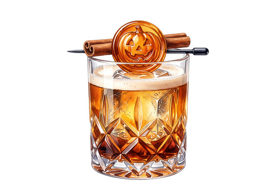 Pumpkin whiskey cocktail holiday drink in crystal glass
