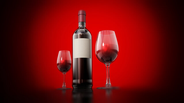Wine bottle and glasses isolated on red background. 3D illustration