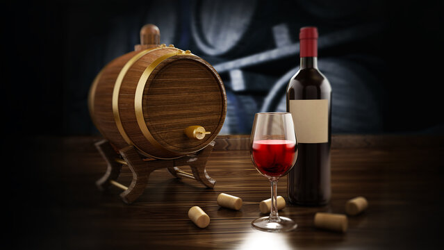 Wine bottle, corks, glass and barrel 3D illustration