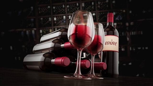 Wine bottles, and glasses on winery table. 3D illustration