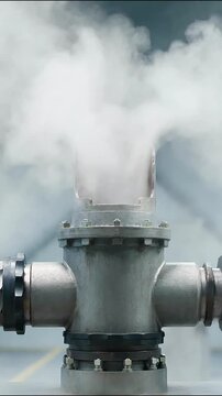 Industrial steel pipe valve venting white steam into the air captured in motion video clip