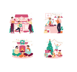 Obraz premium Christmas family celebrating at home in festive scenes