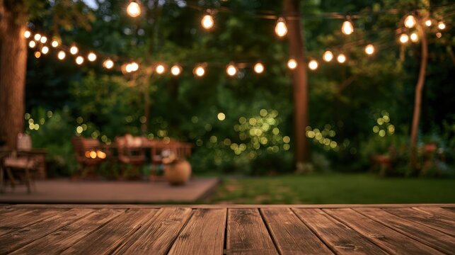Outdoor backyard string lights over a soft green bokeh background with copy space