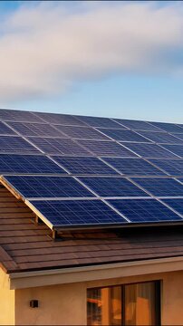 Solar panels mounted on residential roof generating clean energy during sunset motion video footage for power
