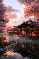 Obraz premium Serene row of traditional East Asian wooden pavilions with sweeping tiled roofs and lanterns at golden hour