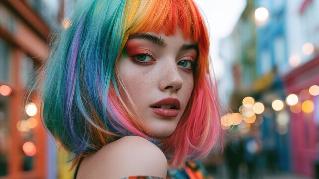 Vibrant fashion moment: chic woman with a rainbow wig and dramatic makeup in a dynamic street scene
