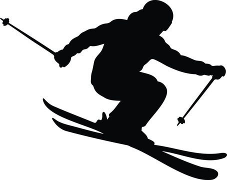 Black silhouette of a downhill skier in a crouched racing position, isolated on a white background, for winter sports, and travel