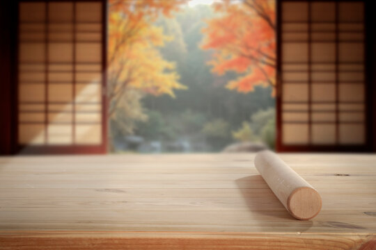 Autumn landscape with wooden table and copy space &ndash; warm seasonal concept