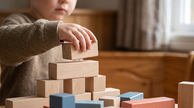 Child Building a Tower with Wooden Blocks at Home