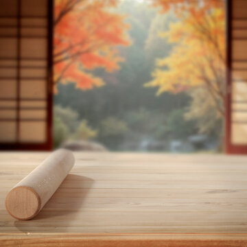Autumn landscape with wooden table and copy space &ndash; warm seasonal concept