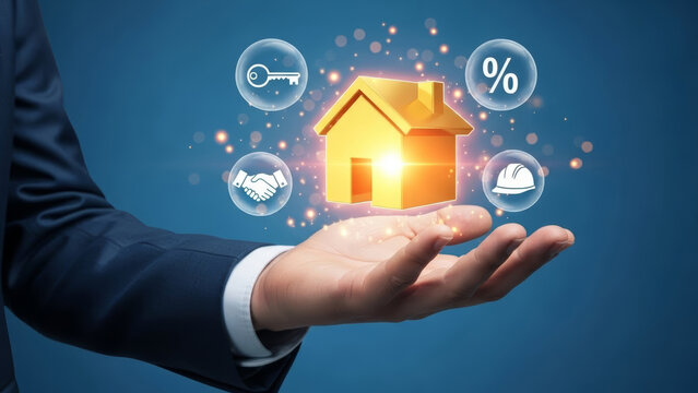 Businessman hand holding golden house icon with real estate symbols for property investment and mortgage housing concept