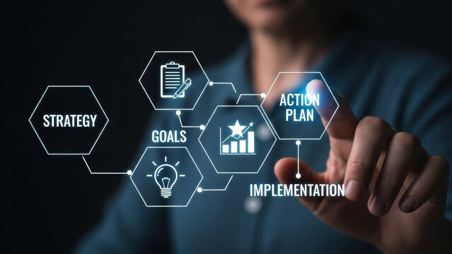 Businessman hand touching digital interface with strategy goals and action plan icons for corporate planning implementation