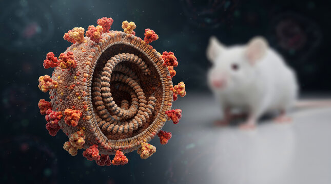 Coronavirus particle cross section with laboratory white mouse on dark background, medical research