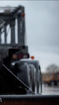Heavy duty semi truck trailer driving on wet road in motion during light rain video clip