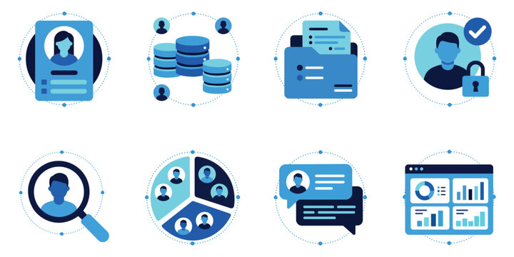 Customer profile data management icons set vector illustration. User ID card, database network, folder document, account security, search, audience segmentation, feedback, and dashboard.