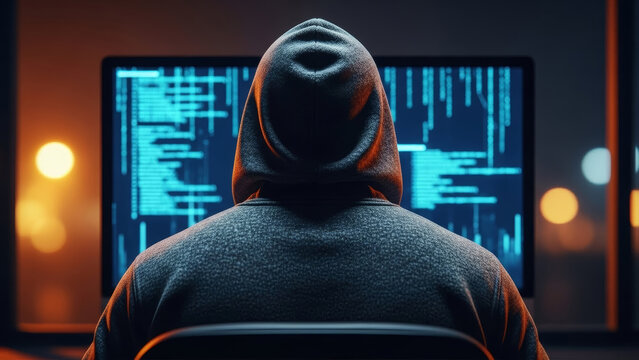 Hacker in dark hoodie from behind looking at computer screen with blue code in dark room for cyber security and crime