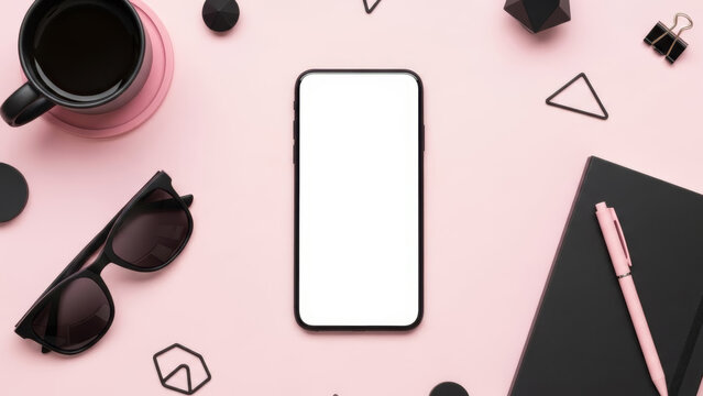 Smartphone mockup on pastel pink background with black accessories flat lay for product design