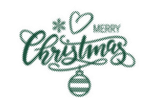 Merry Christmas lettering typography design with halftone dot pattern and decorative holiday ornaments on isolated background transparent background