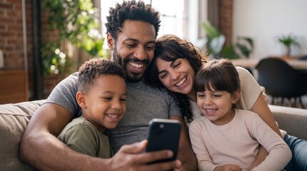 Fototapeta premium Joyful multiethnic family bonding on sofa at home, Black father holding smartphone showing video to curly haired mother and two cheerful kids, modern digital lifestyle and togetherness.
