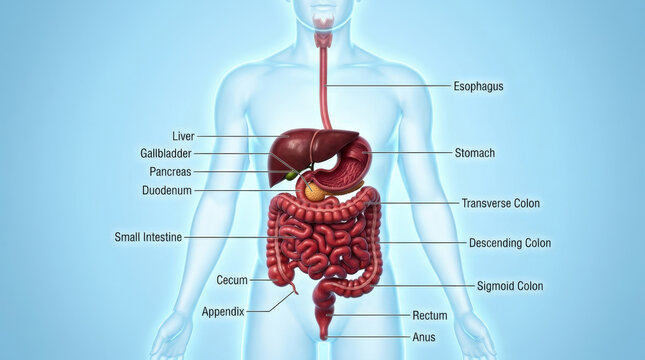 Comprehensive labeled human gastrointestinal tract map showing full digestive system components for clinical anatomy instruction.