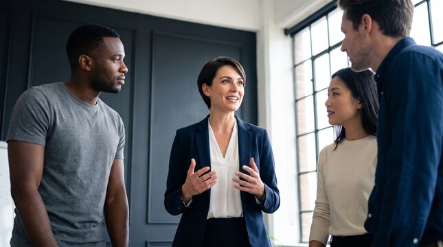 Experienced female leader explaining financial planning concept to multicultural business team standing in modern corporate office to optimize investment decisions and company budget plan.