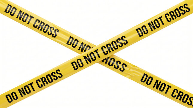 Yellow do not cross police barrier tape crossed in X shape isolated on white background