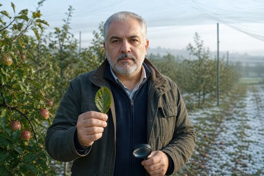 Climate Risk Insurance Assessment with agricultural assessor in hail damaged orchard
