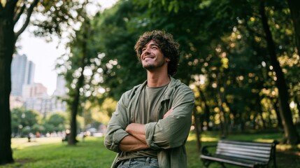 Obraz premium Outdoor lifestyle shot: smiling man in a park with crossed arms enjoying the blue sky