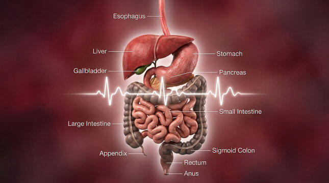 Detailed human digestive organ system medical anatomy diagram with labeled organs and heart rate monitor line background effects.