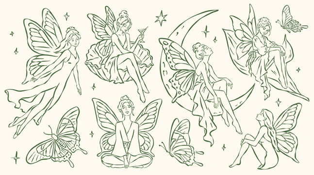A hand-drawn line art collection of fairies with butterfly wings in various poses, along with butterflies, stars, and a crescent moon