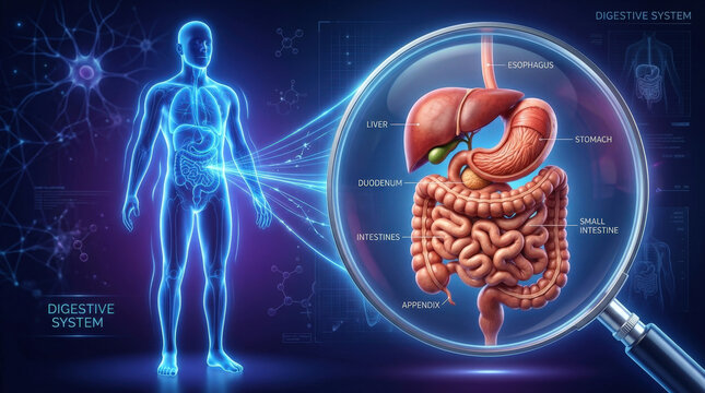 Detailed medical chart showing human digestive system with magnified view of internal organs liver stomach intestines and anatomy.