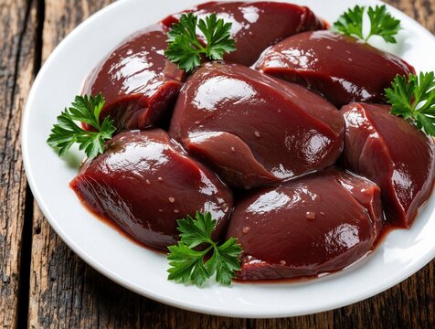 Raw beef liver pieces on white plate with fresh parsley. Uncooked organ meat lies on ceramic dish atop rustic wooden table. Healthy protein ingredient ready for cooking tasty meal nutritious dinner