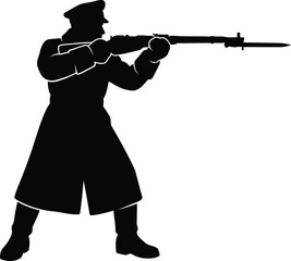 Obraz premium Black and White Soldier with Rifle and Bayonet Silhouette Vector Illustration